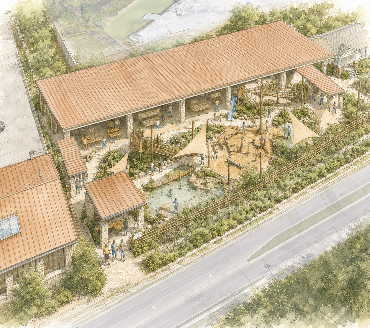 Aerial concept rendering of the I AM Children's Museum covered outdoor exhibit pavilion, water play area and climbing structures
