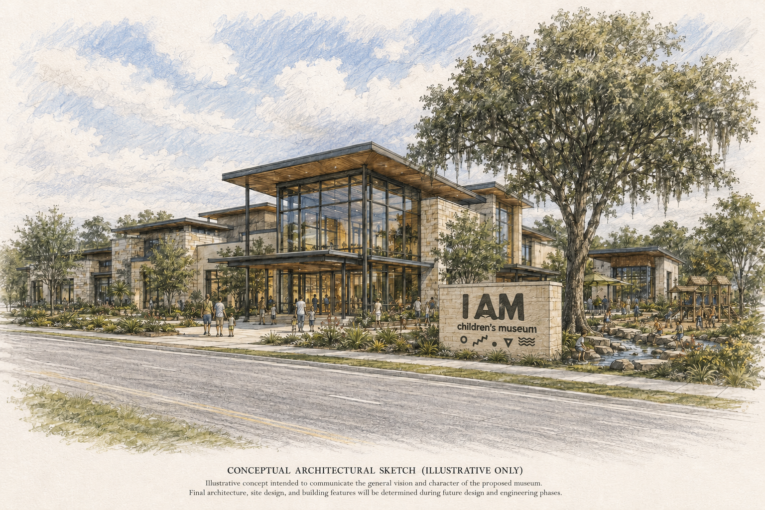 Illustrative conceptual sketch of the future I AM Children's Museum showing a modern stone-and-glass building surrounded by families, gardens, and play areas.